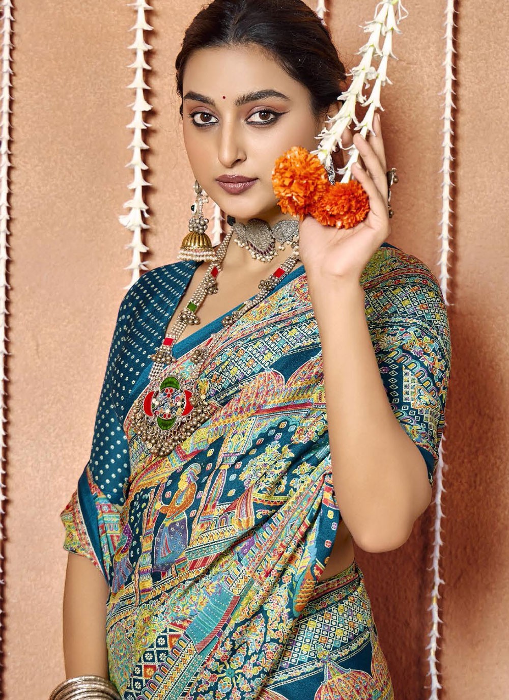 Multi Colour Faux Crepe Trendy Saree Printed S20458