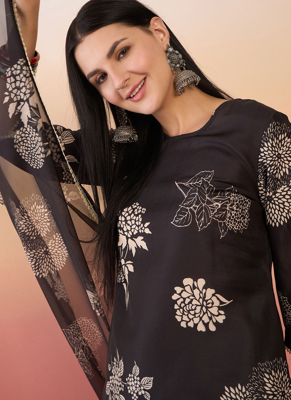 Pant Style Suit Printed Black Chinon T5836