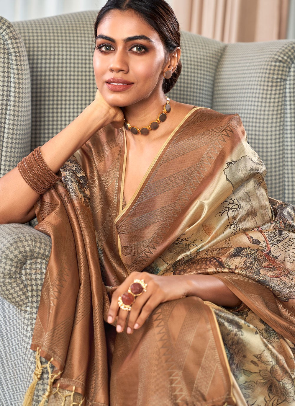 Printed Handloom Silk Brown Saree S14240