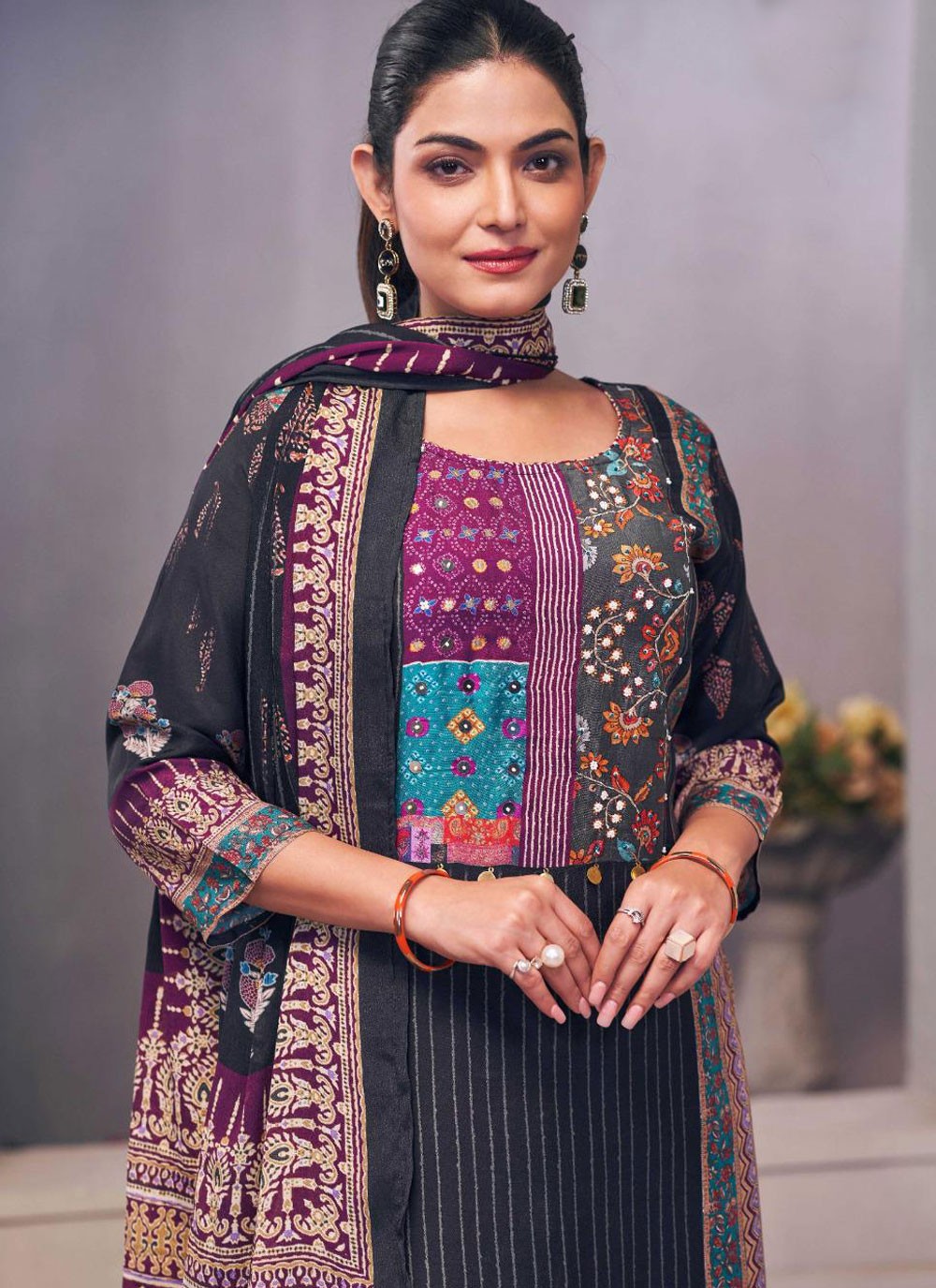 Salwar Suit Embroidered Black Muslin T5155