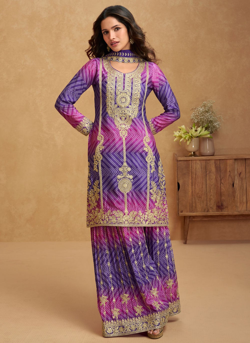 Palazzo Suit Embroidered, Printed, Sequins, Zari Purple T8226