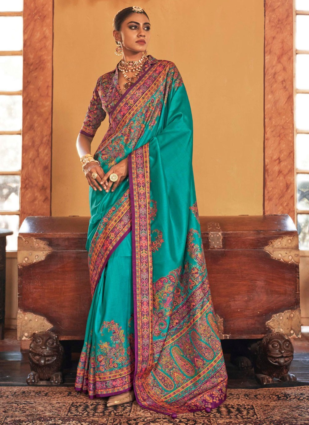 Printed Silk Firozi Saree S14340