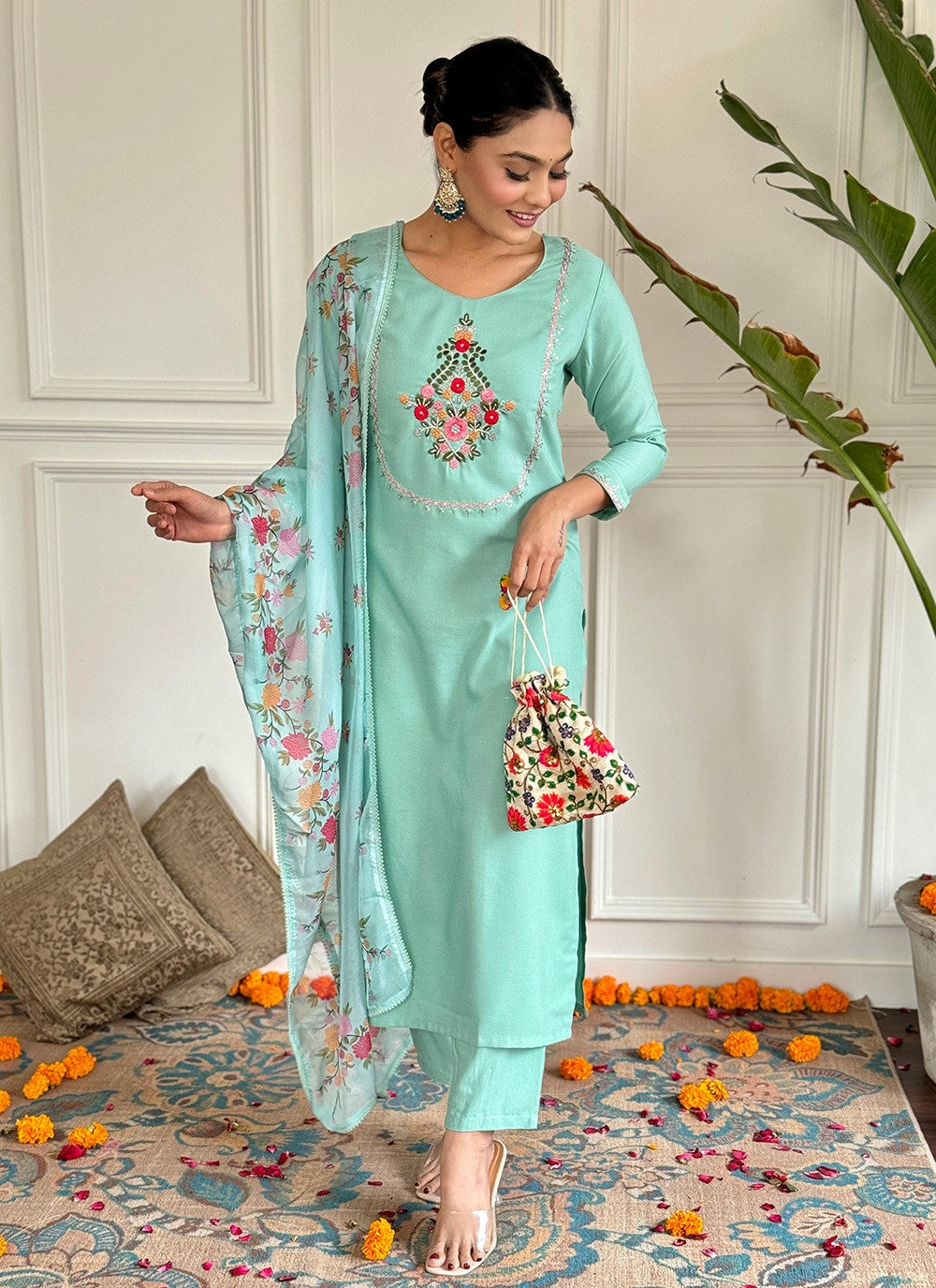 Salwar Suit Embroidered Aqua Blue Rayon T5018