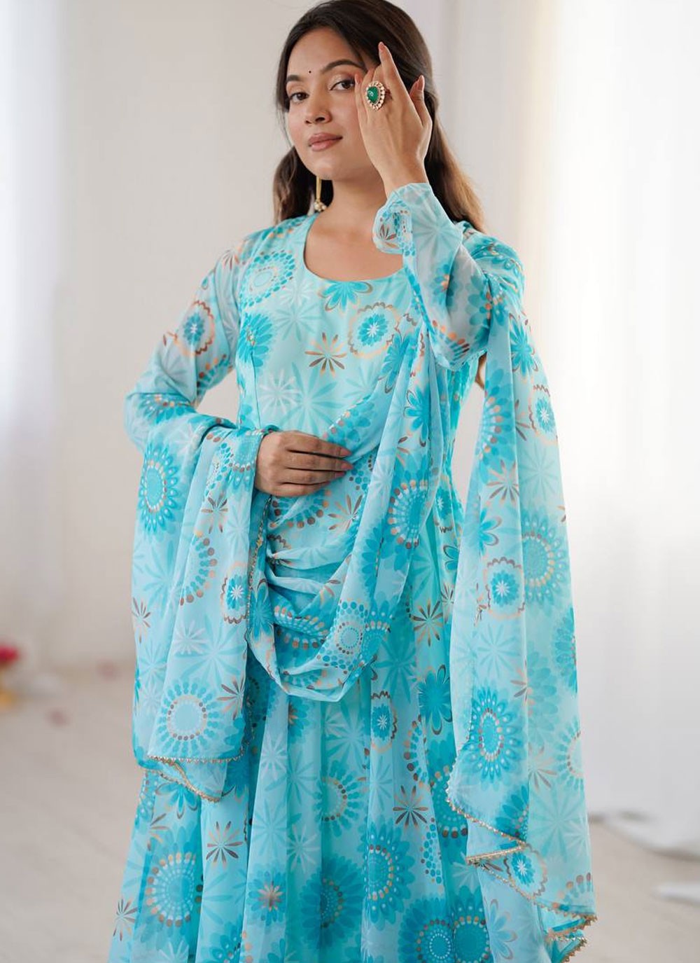 Anarkali Printed Aqua Blue T8626