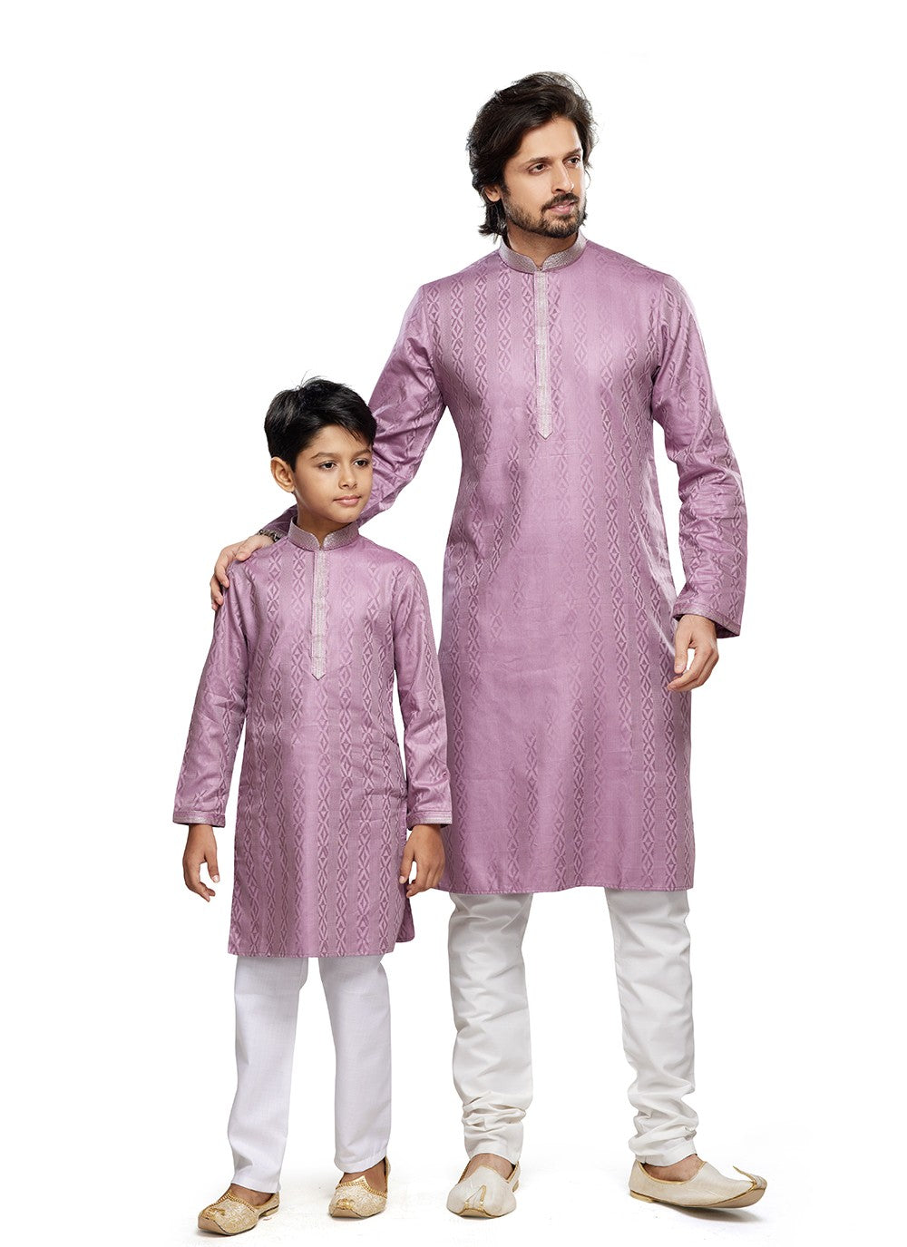 Printed Art Silk Lavender Men's & Kids Combo - M6817