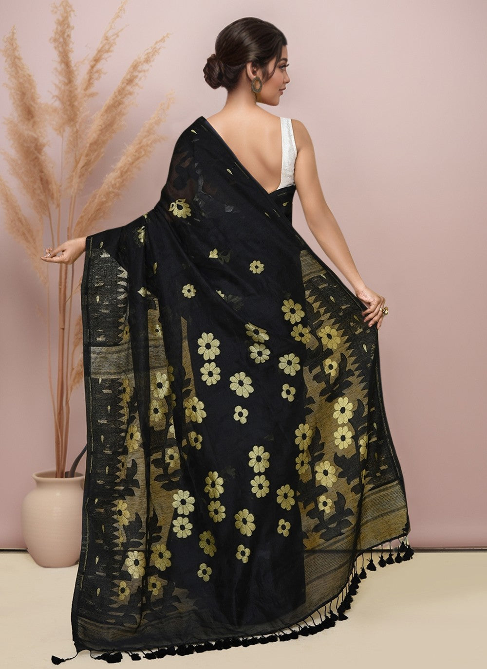 Black Blended Cotton Contemporary Saree Printed S19996