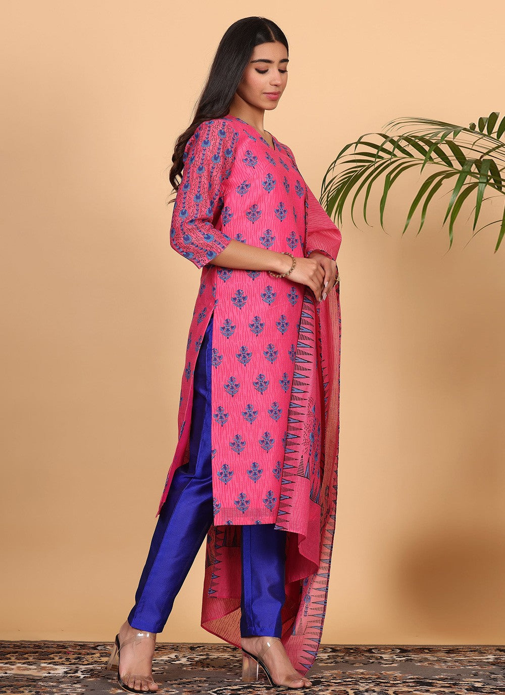 Printed Chanderi Pink Salwar Suit T5943