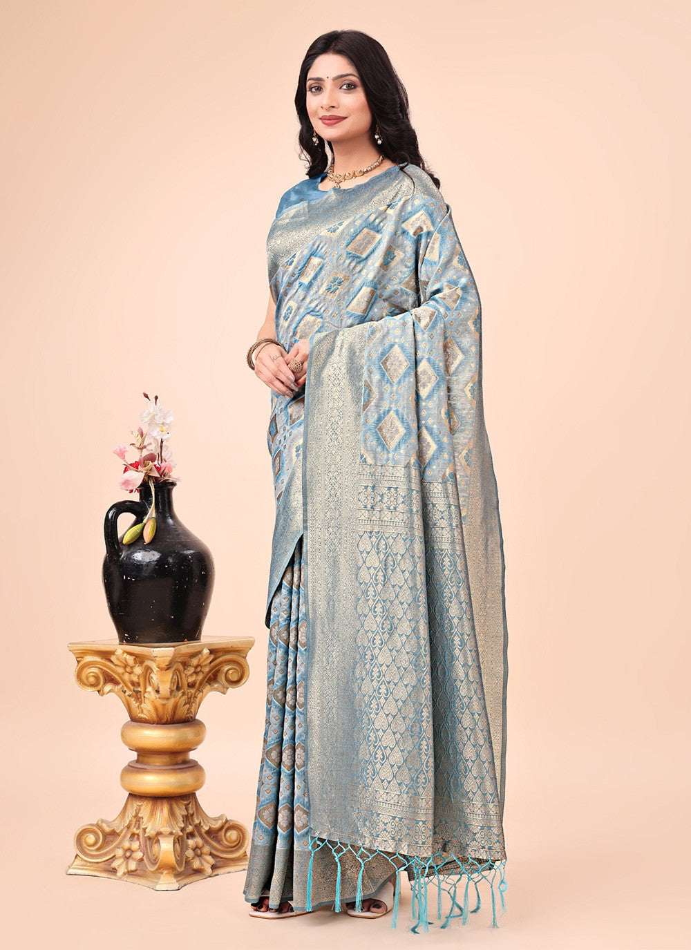 Printed Cotton Aqua Blue Contemporary Saree S15172
