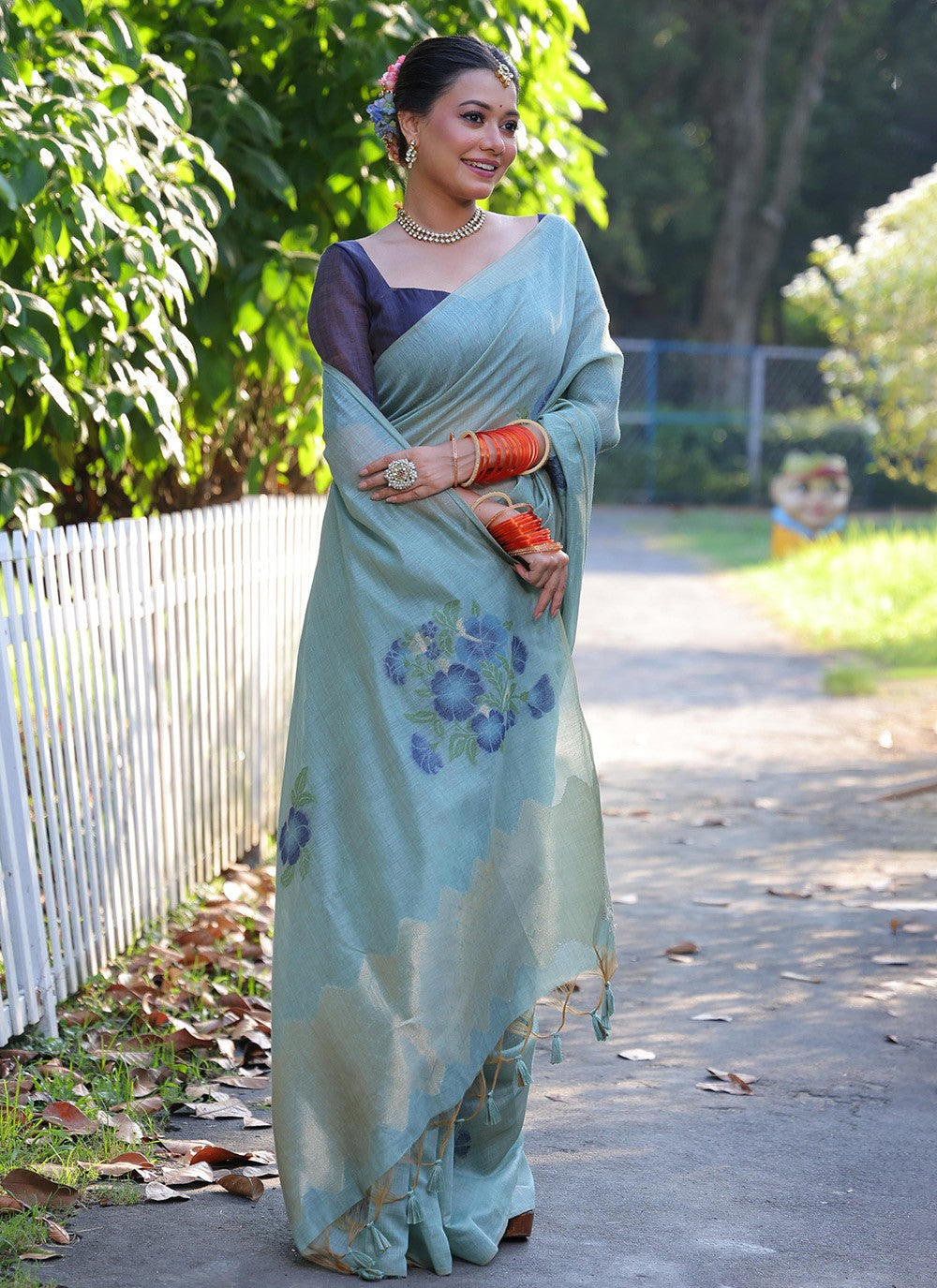 Printed Cotton Aqua Blue Saree S14049