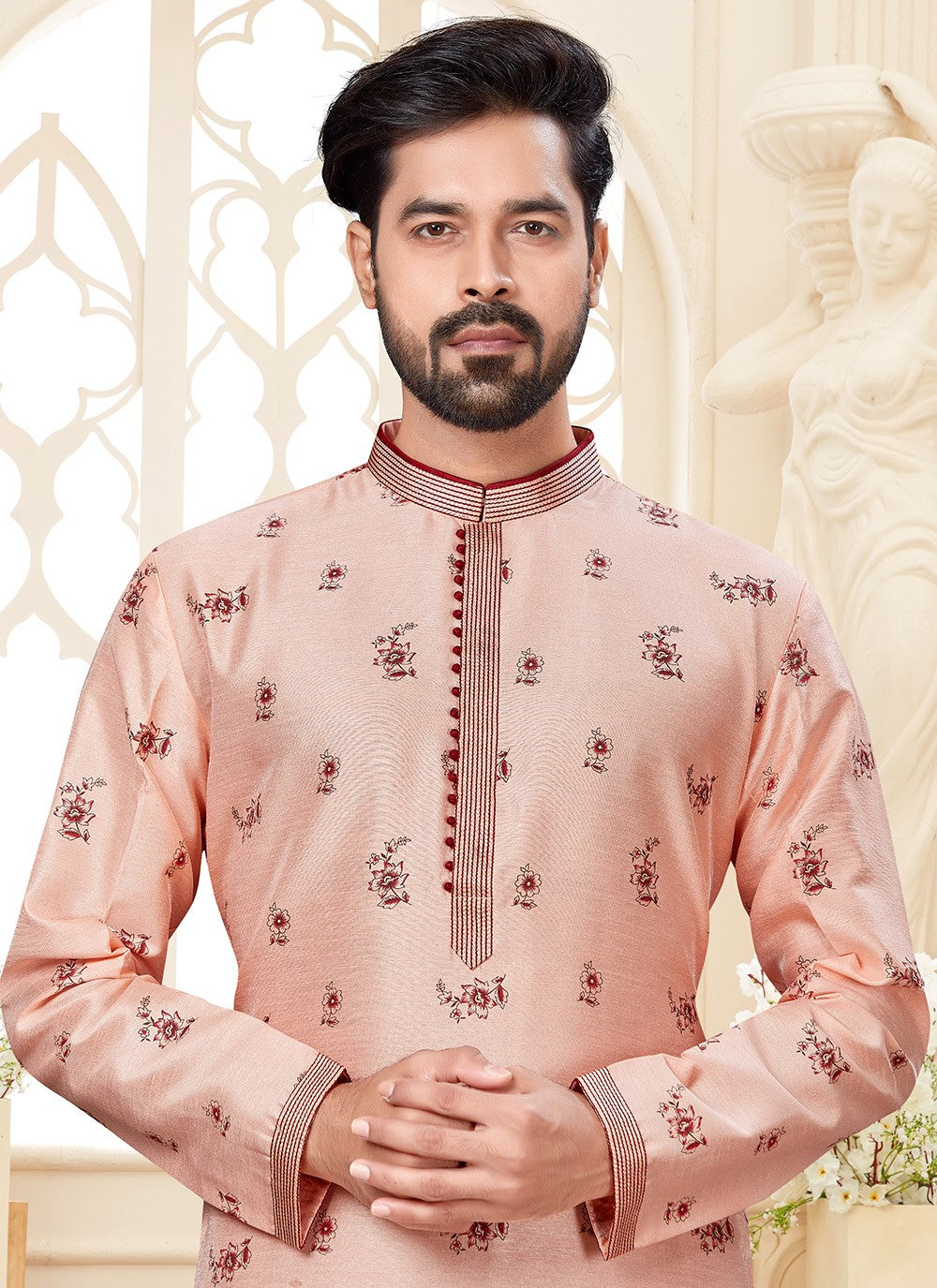 Printed Dupion Silk Pink Kurta - M5596