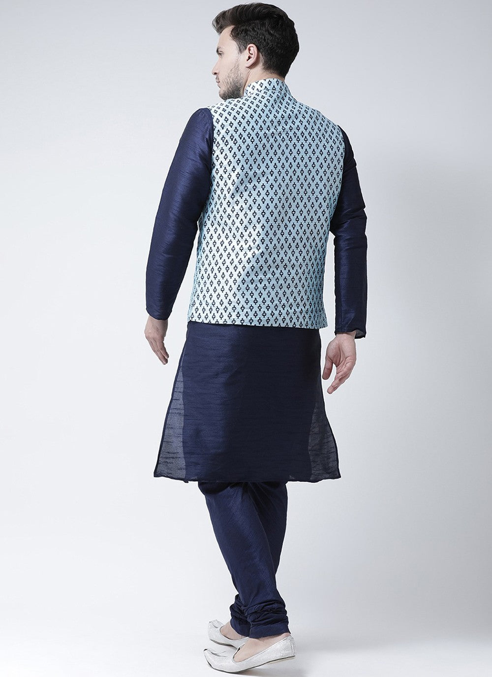 Printed Dupion Silk Navy Blue, Turquoise Kurta Payjama With Jacket - M6276