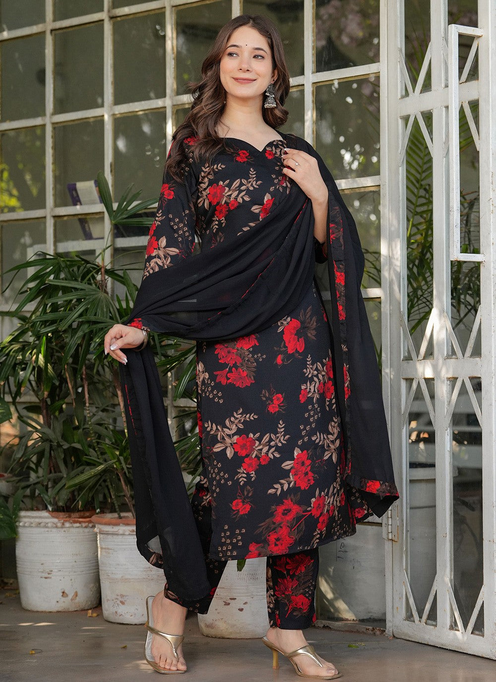 Printed Satin Blend Black Pant Style Suit T6096