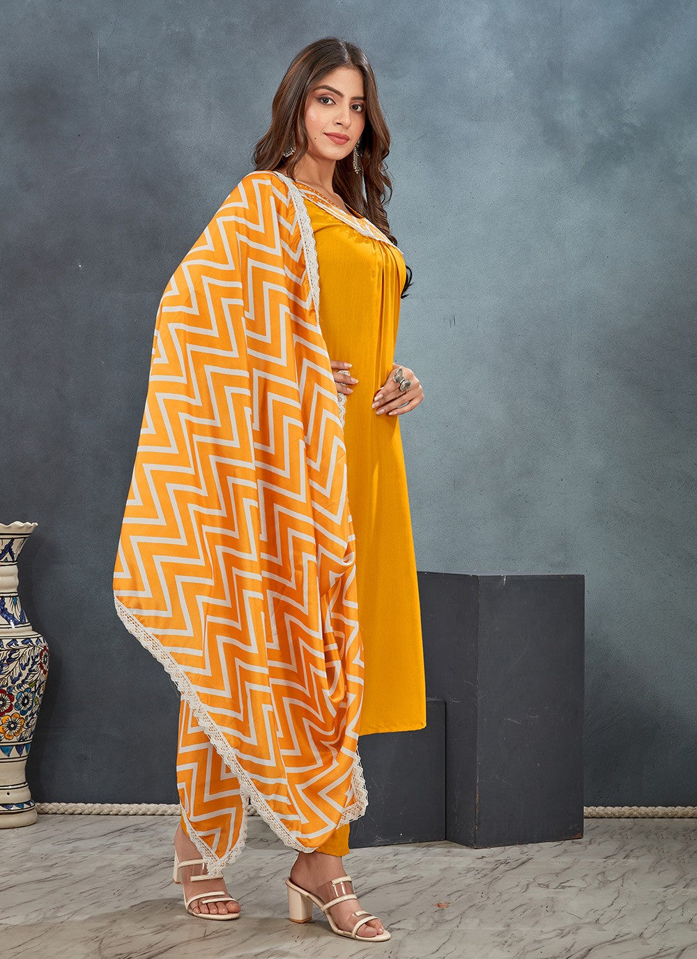 Pant Style Suit Printed Yellow Rayon T5009