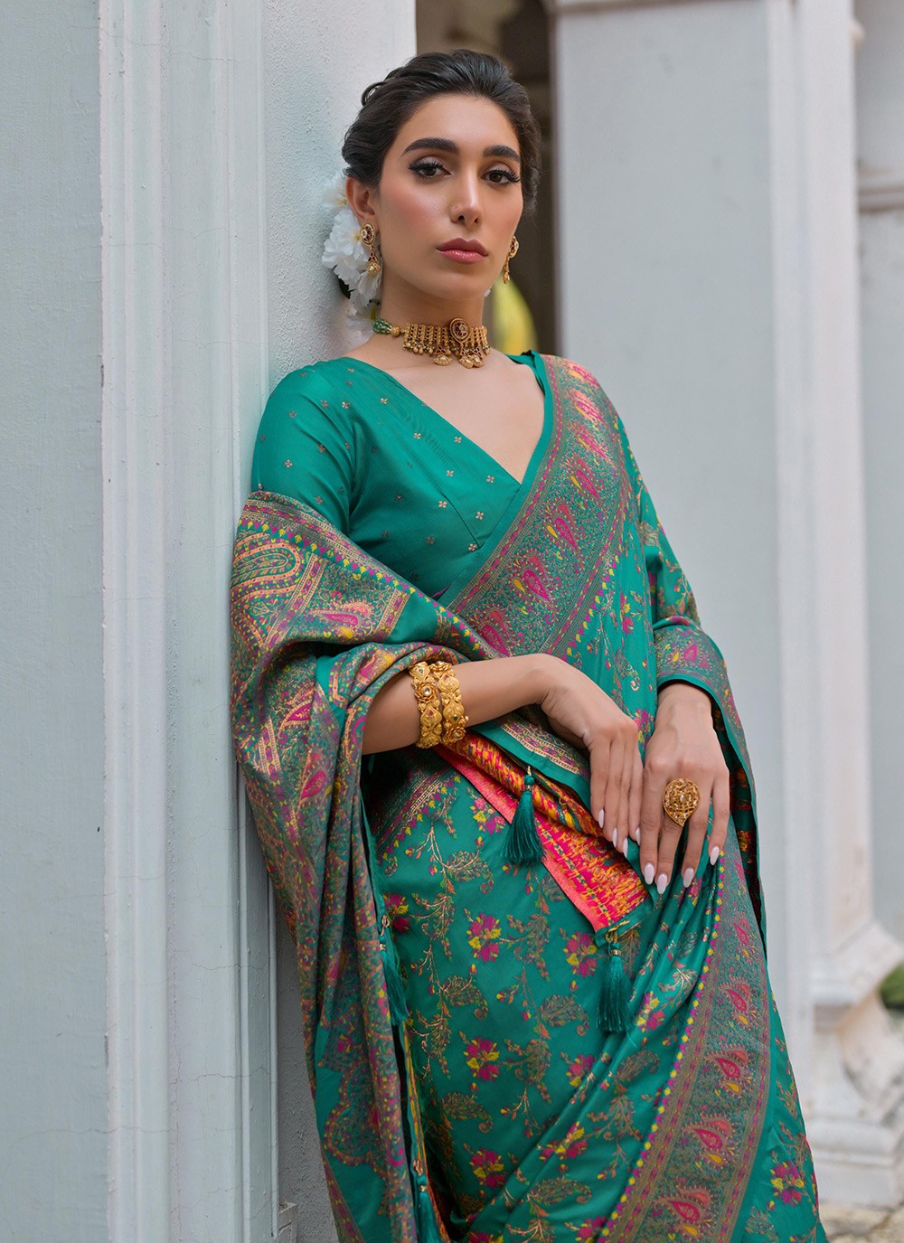 Printed Pashmina Silk Sea Green Saree S13843