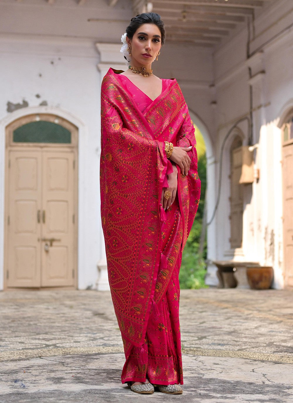 Printed Pashmina Silk Pink Saree S14078