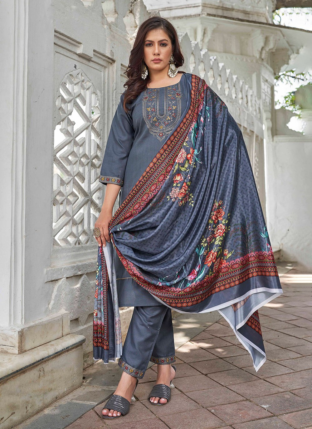 Pant Style Suit Embroidered Grey Cotton T5002
