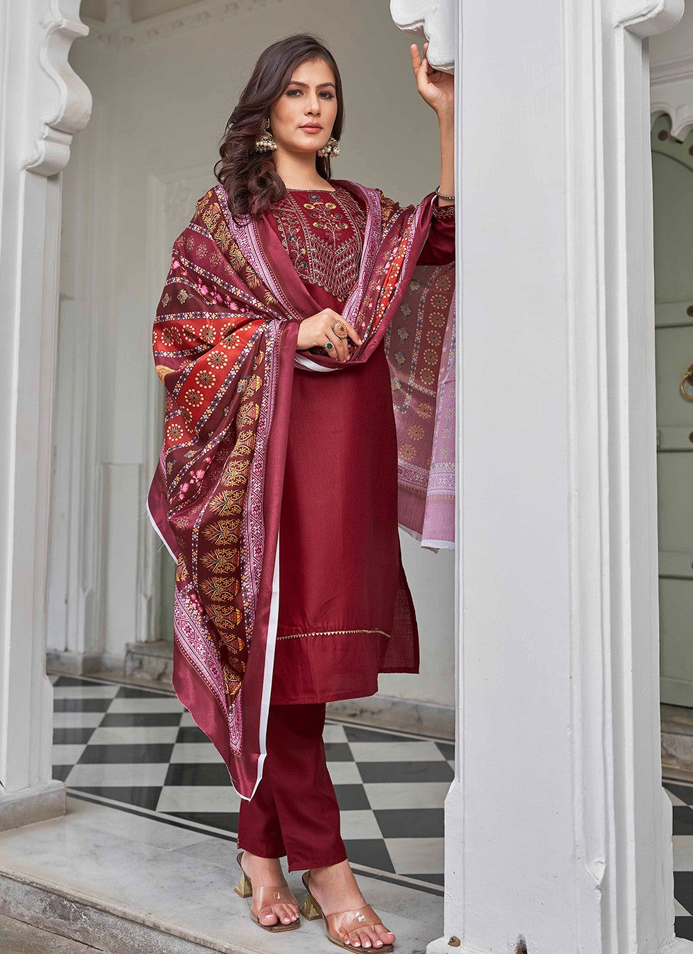 Pant Style Suit Embroidered Maroon Cotton T5003