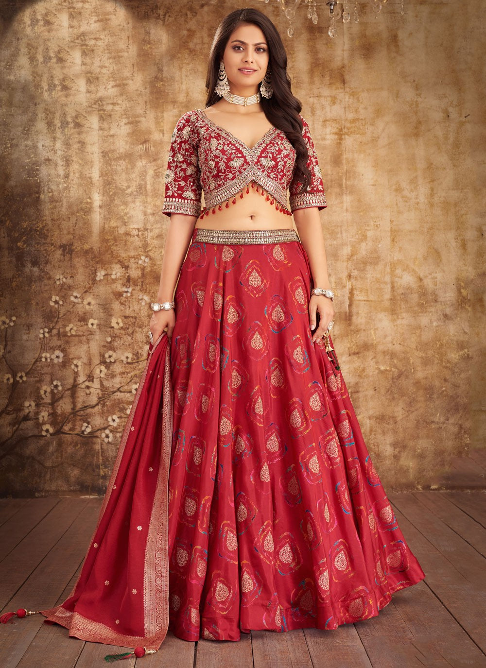 Printed Silk Hot Pink, Rust Lehenga - L3207