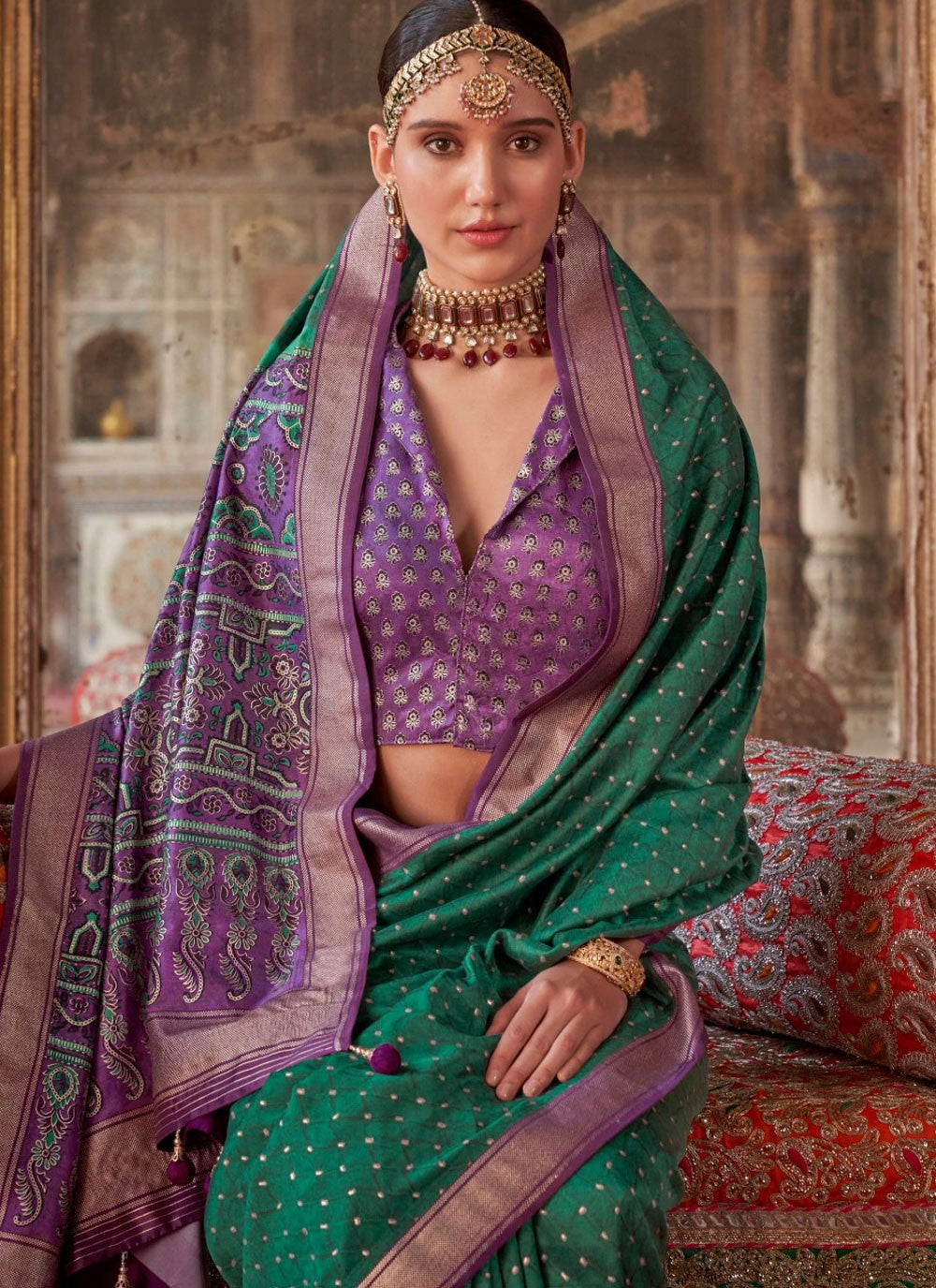 Traditional Printed Green Silk Saree S13691