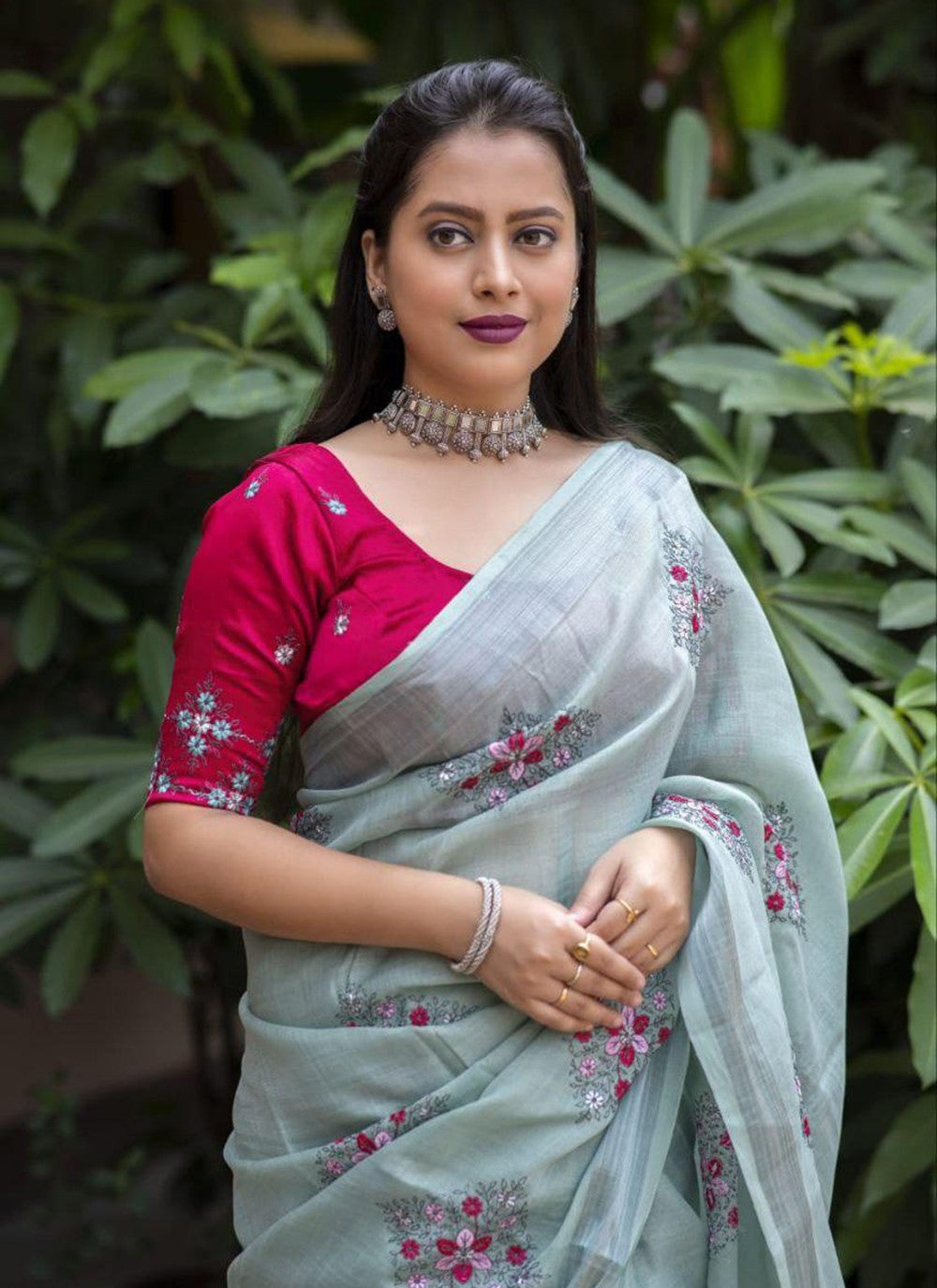Trendy Printed Linen, Silk Saree - S6744