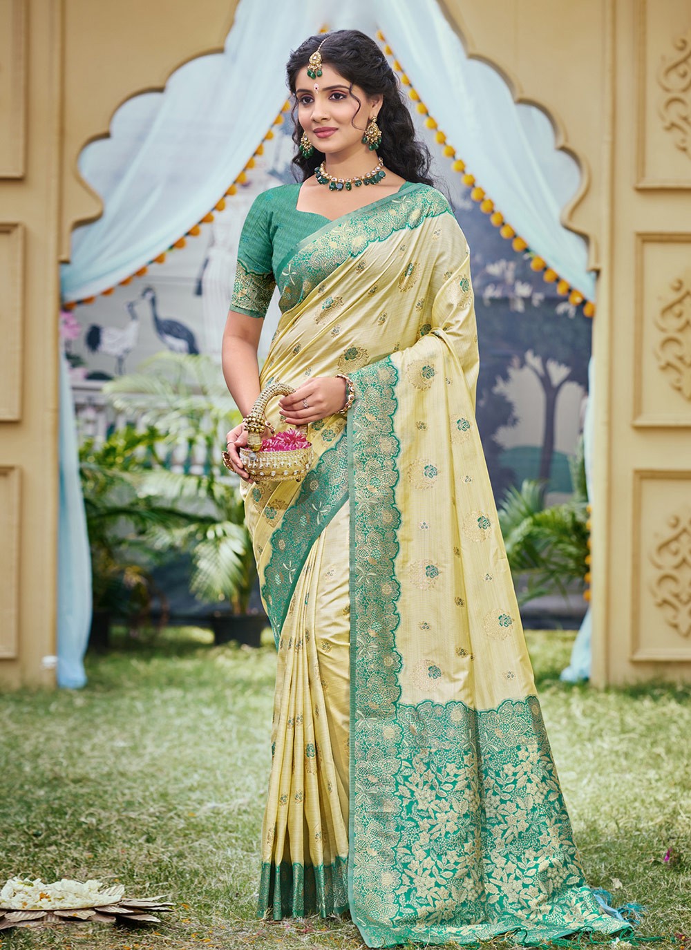 Trendy Saree Printed Cream, Sea Green Banarasi Silk S12734