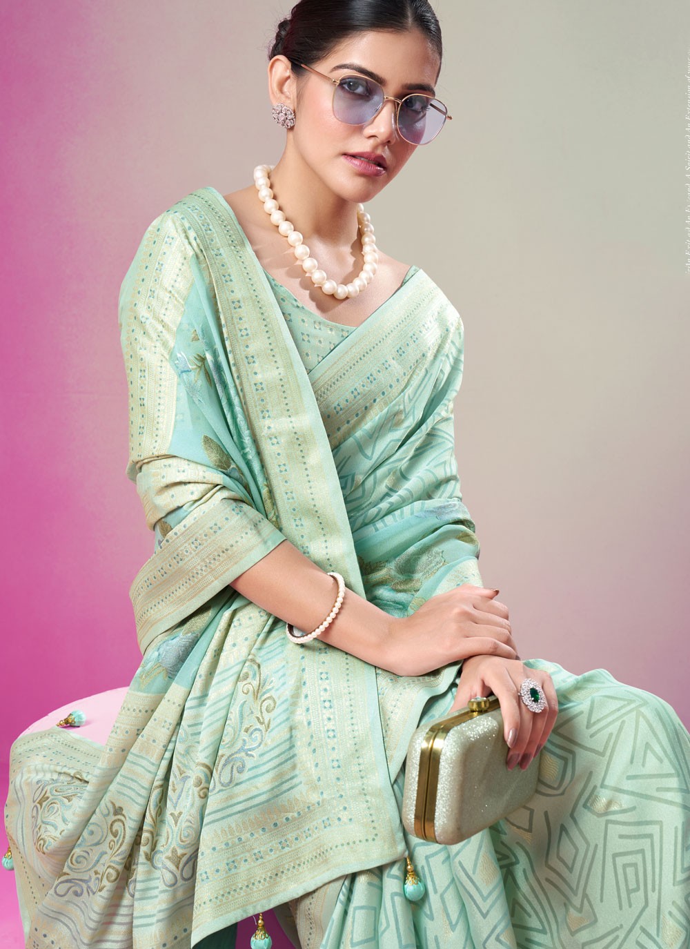 Traditional Printed Turquoise Georgette Saree S13364