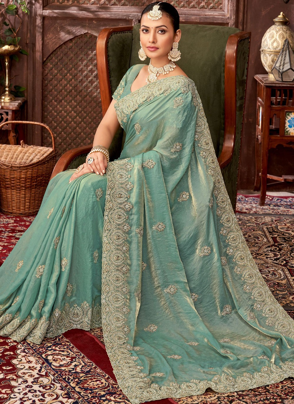 Teal Pure Chiffon Classic Saree Embroidered, Stones, Zari S15886
