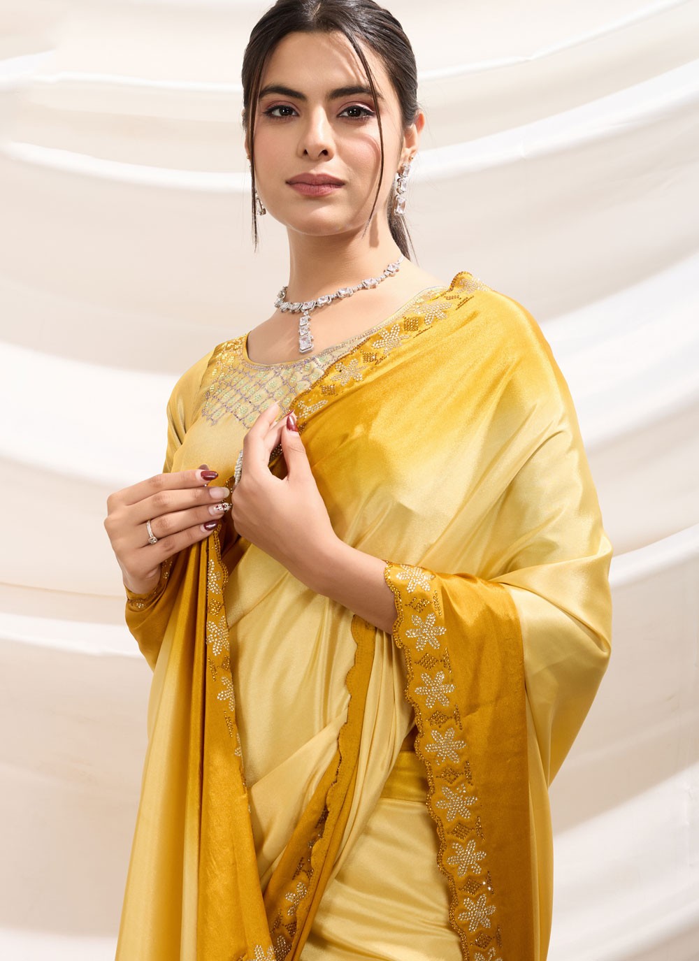 Cut Work Pure Crepe Yellow Contemporary Saree S15169