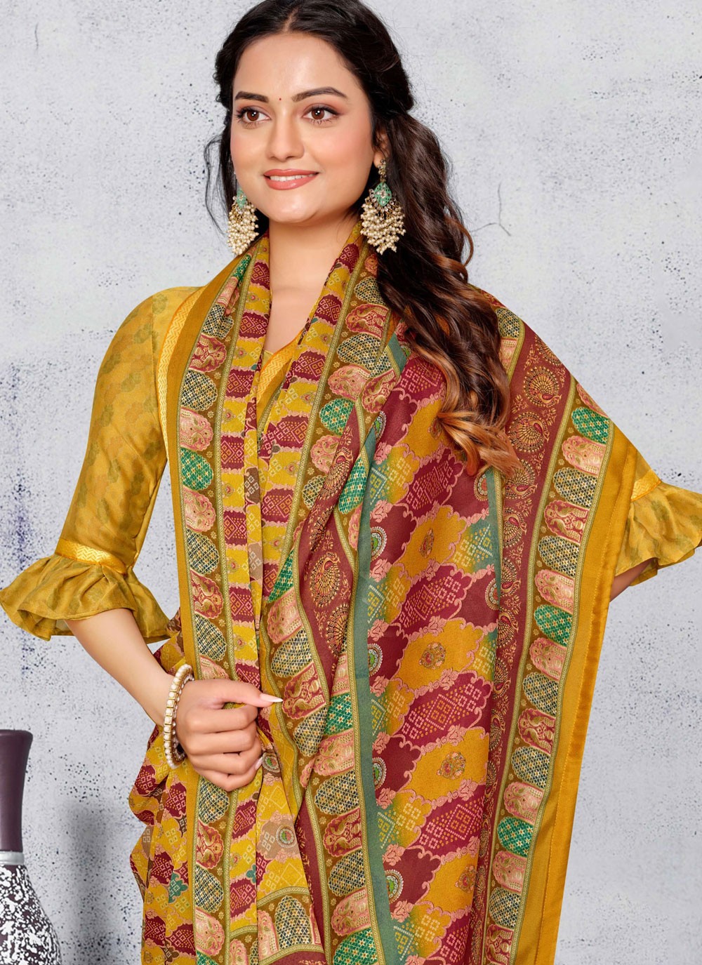 Designer Printed Mustard Pure Crepe Saree S12520
