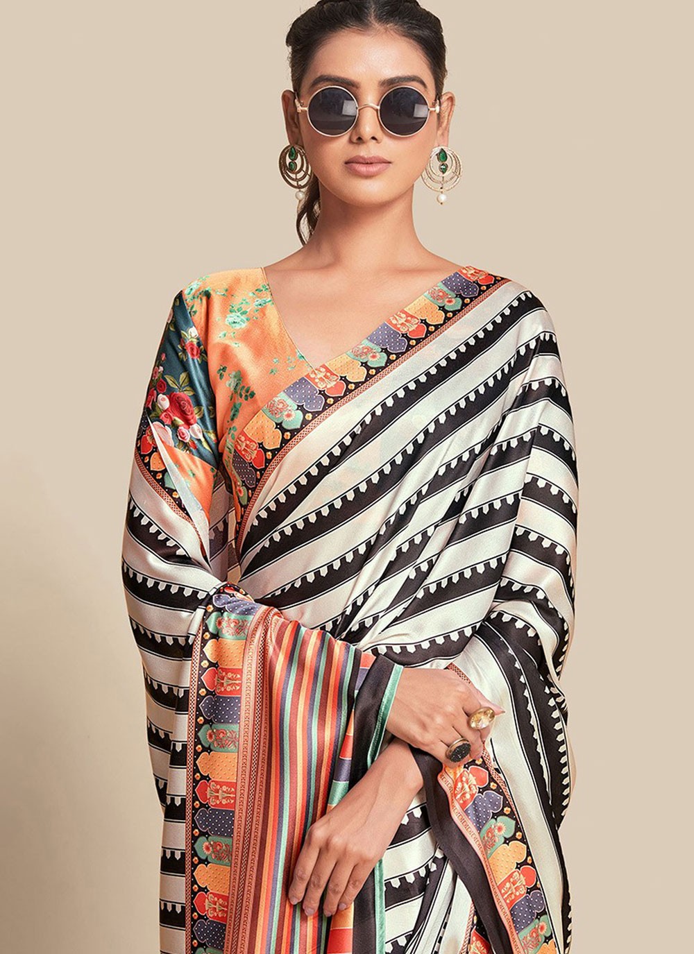 Traditional Printed White Pure Crepe Saree S13579