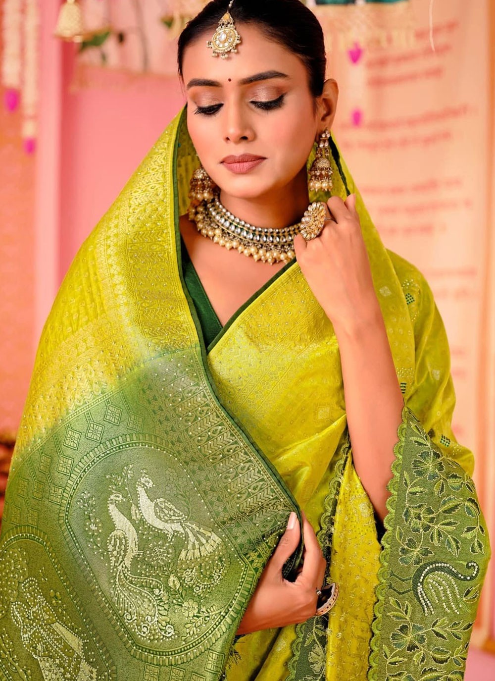 Contemporary Embroidered Green Pure Dola Saree S12690