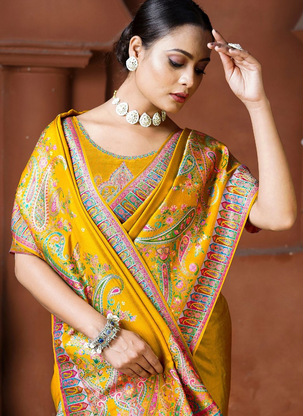 Trendy Saree Fancy Work Gold Pure Dola Saree S13126