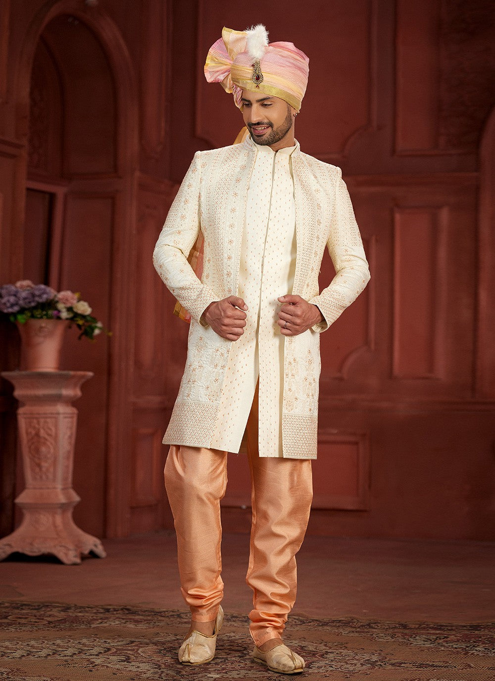 Embroidered Pure Dola, Silk Cream, Peach Sherwani - M7385