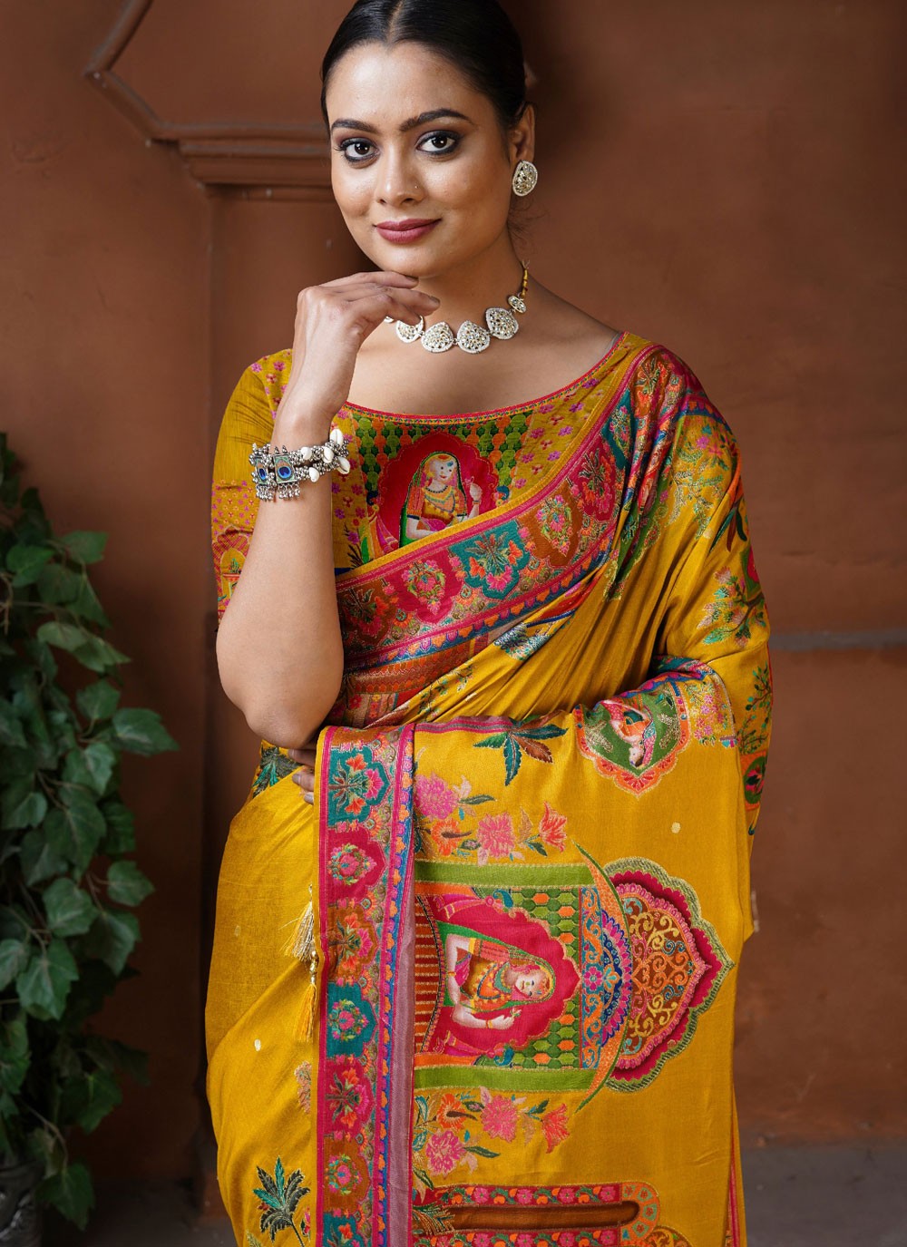 Traditional Fancy Work Mustard Pure Dola Saree S13125