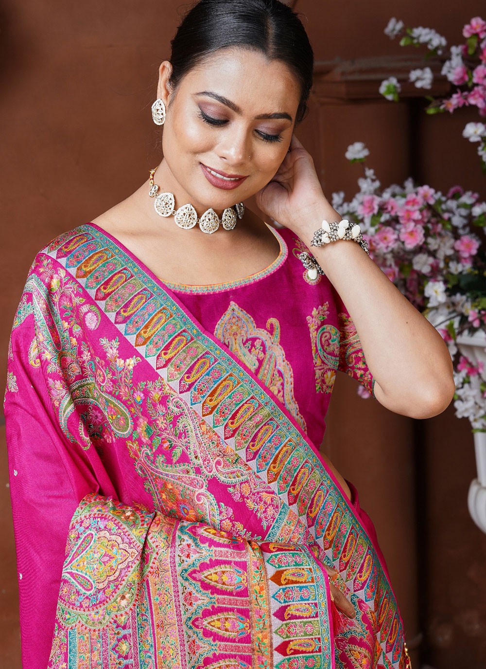 Contemporary Fancy Work Hot Pink Pure Dola Saree S13128