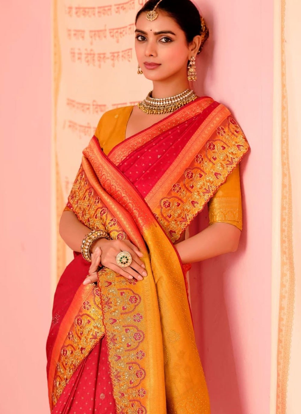 Designer Embroidered Hot Pink Pure Dola Saree S12691