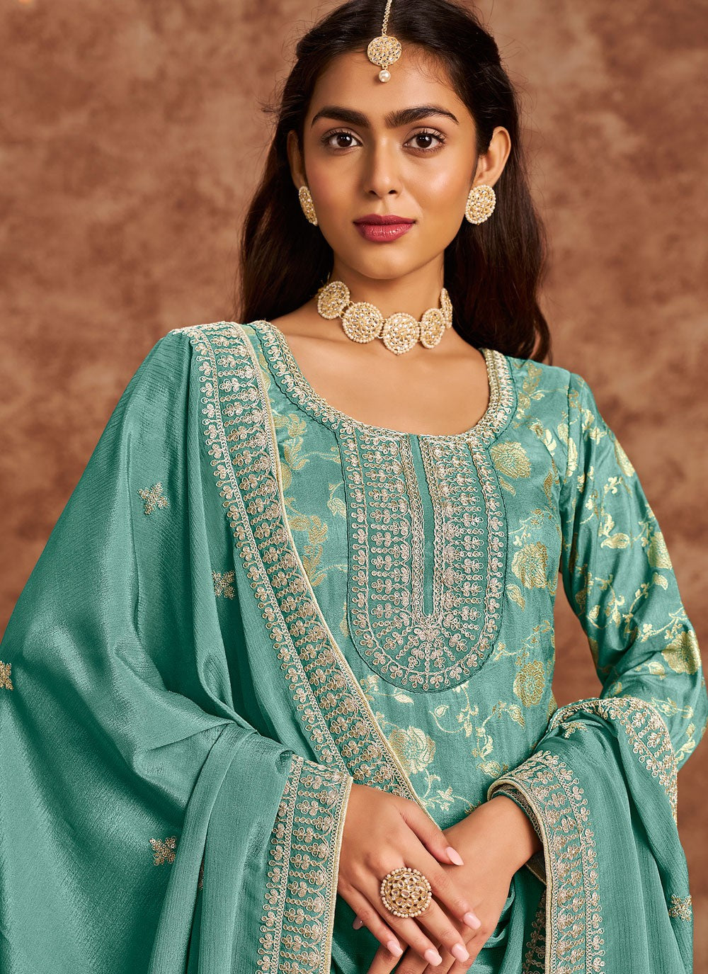 Salwar Suit Embroidered Turquoise Pure Dola T5187