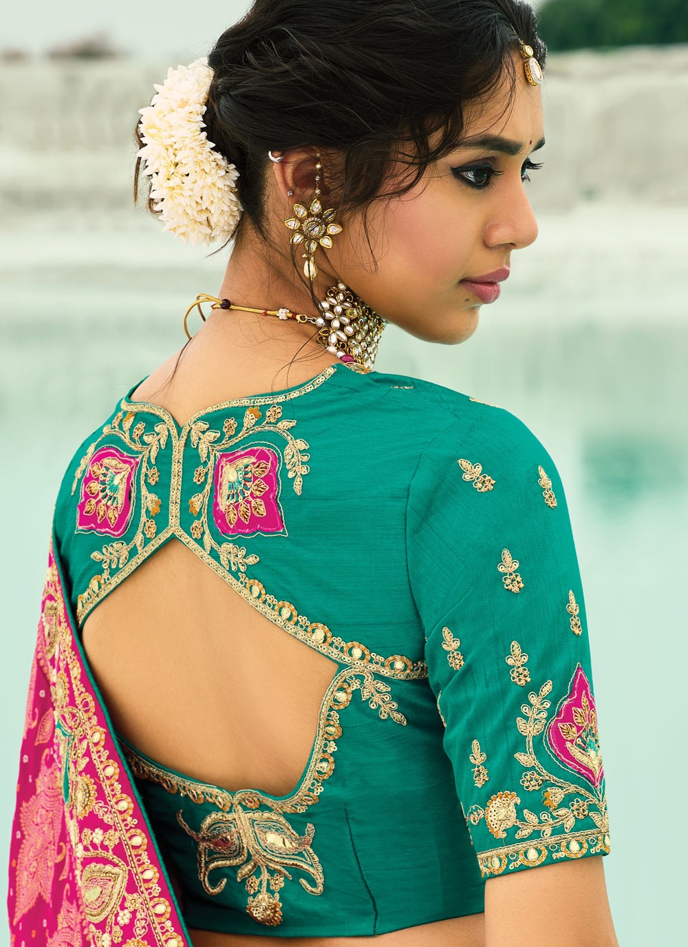 Hot Pink Pure Georgette Bandhej Saree Beads, Cutdana, Embroidered, Fancy Work, Zari S19126