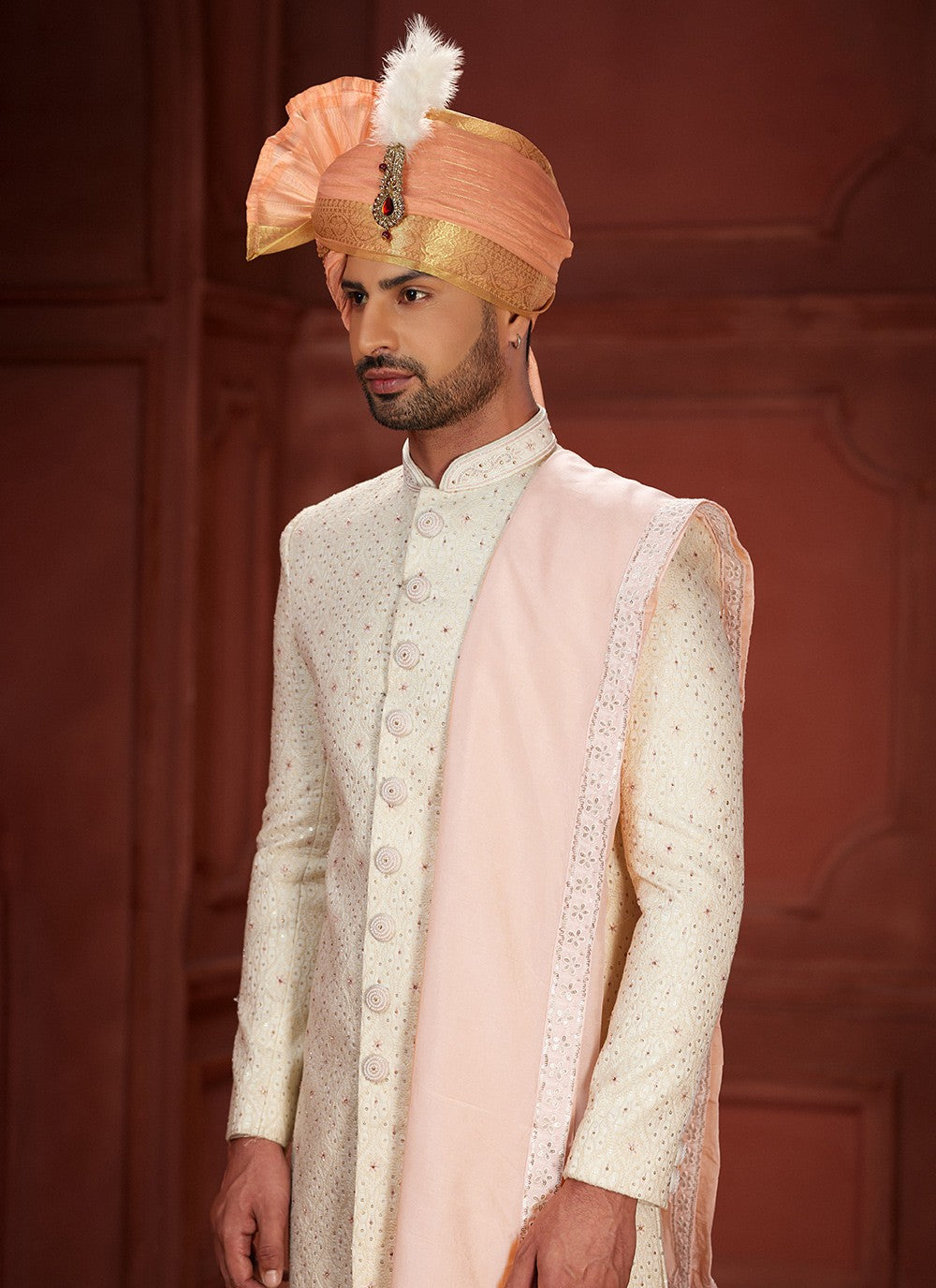 Embroidered Pure Silk Cream, Pink Sherwani - M7382