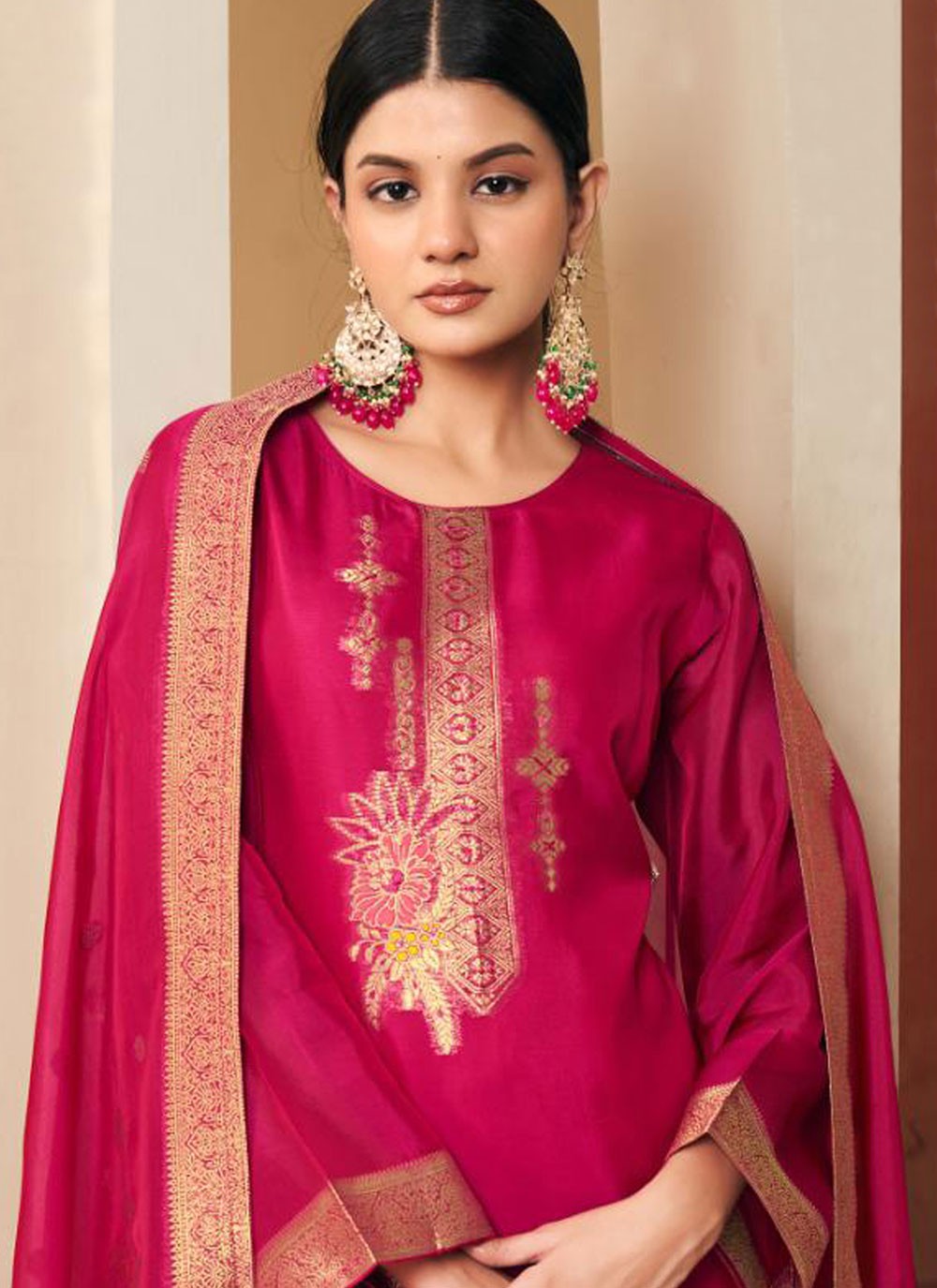 Floral Printed Pure Silk Hot Pink Salwar Suit T6616