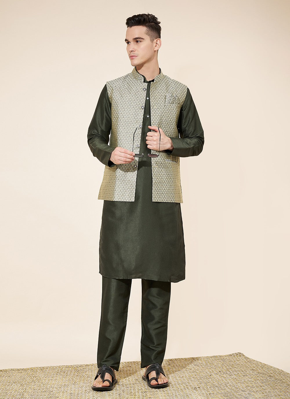 Jacquard Work Pure Silk Green Kurta Payjama With Jacket - M8034