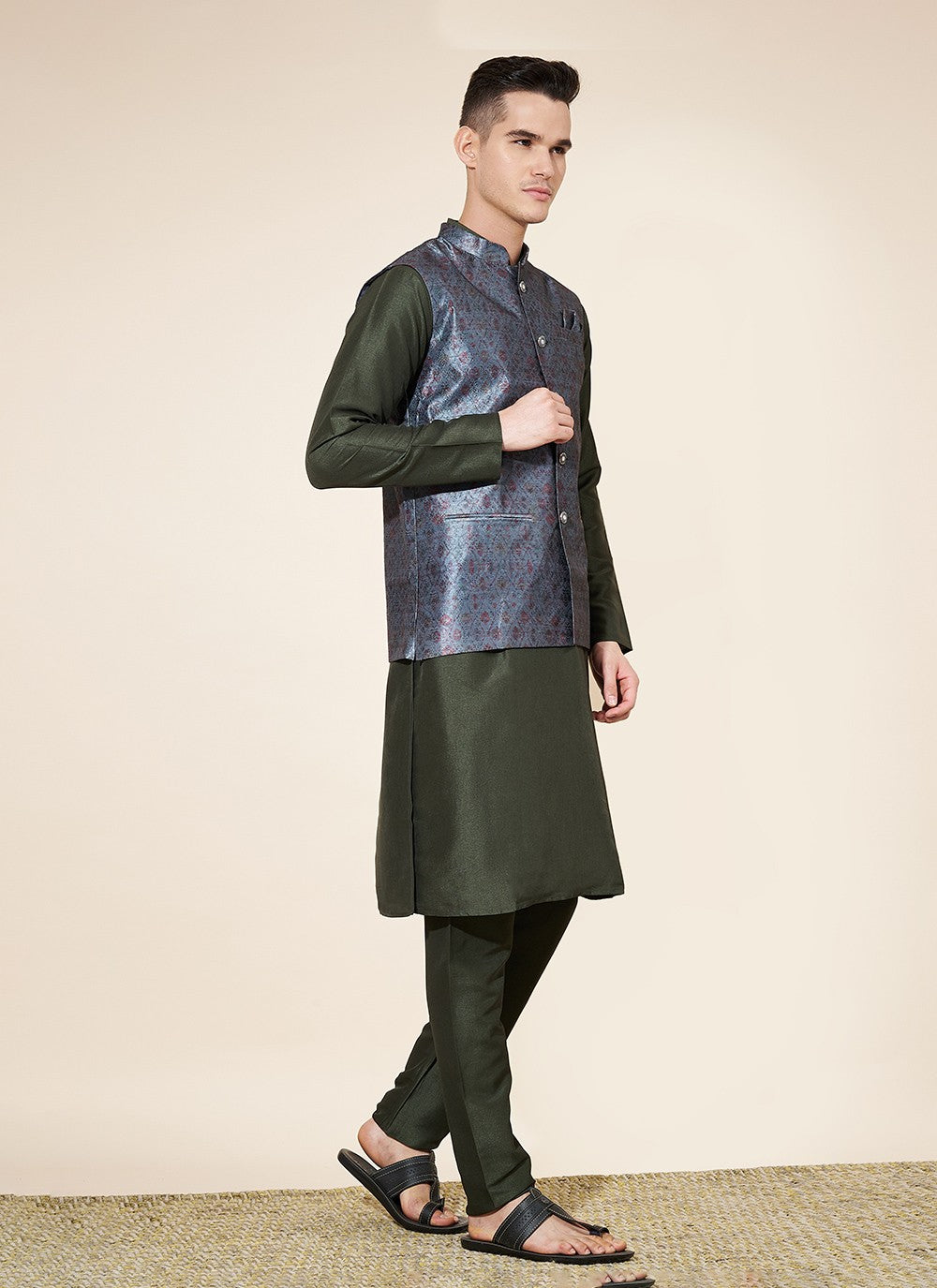 Jacquard Work Pure Silk Green Kurta Payjama With Jacket - M8032