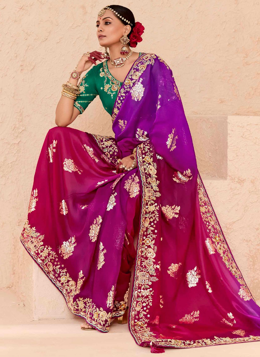 Classic Saree Embroidered Hot Pink, Purple Silk Saree S13653