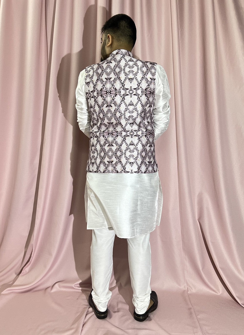 Fancy Work Jacquard, Silk Purple, White Kurta Payjama With Jacket - M5894