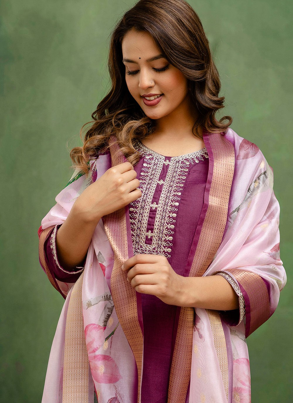 Pant Style Suit Embroidered Purple T7794