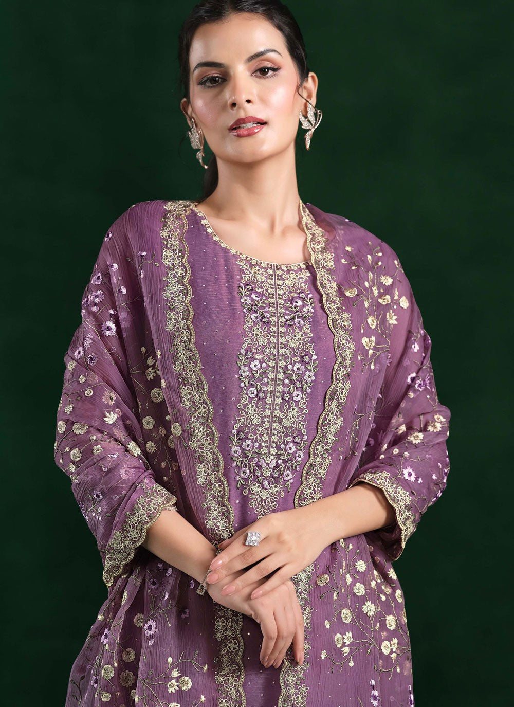 Pant Style Suit Cutdana, Embroidered, Zari Purple T7305