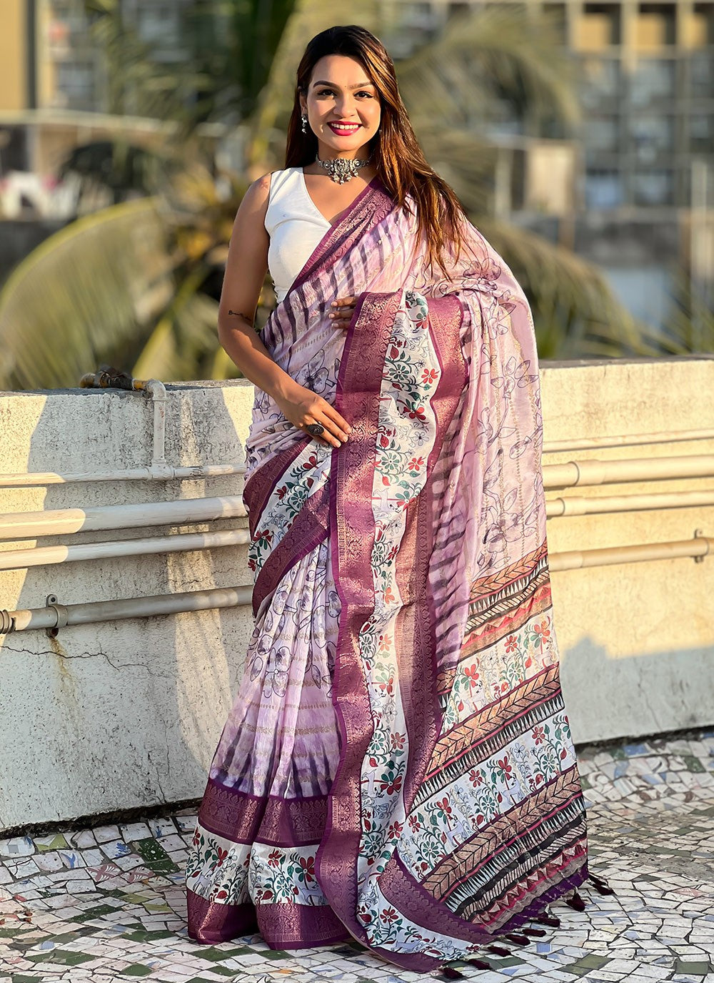 Printed Chanderi Purple Saree S14123