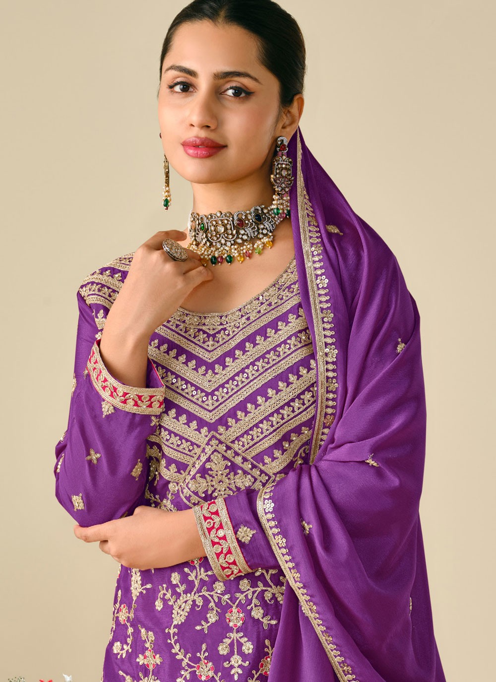 Embroidered Chinon Purple Palazzo Suit T6376