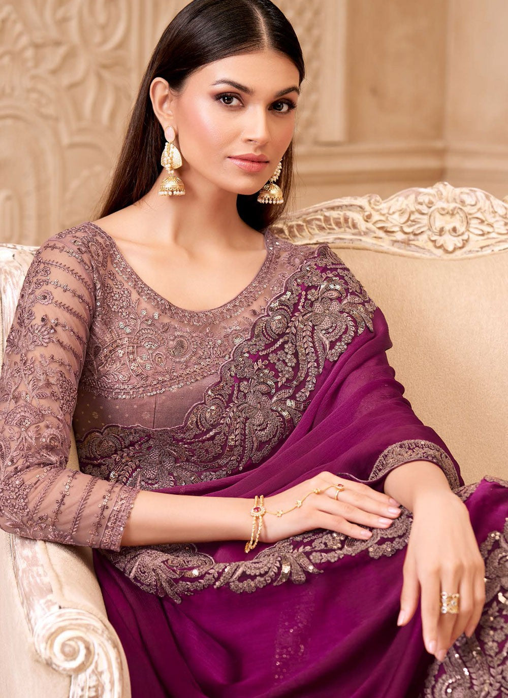 Purple Georgette Satin Classic Saree Border Work, Embroidered S19784