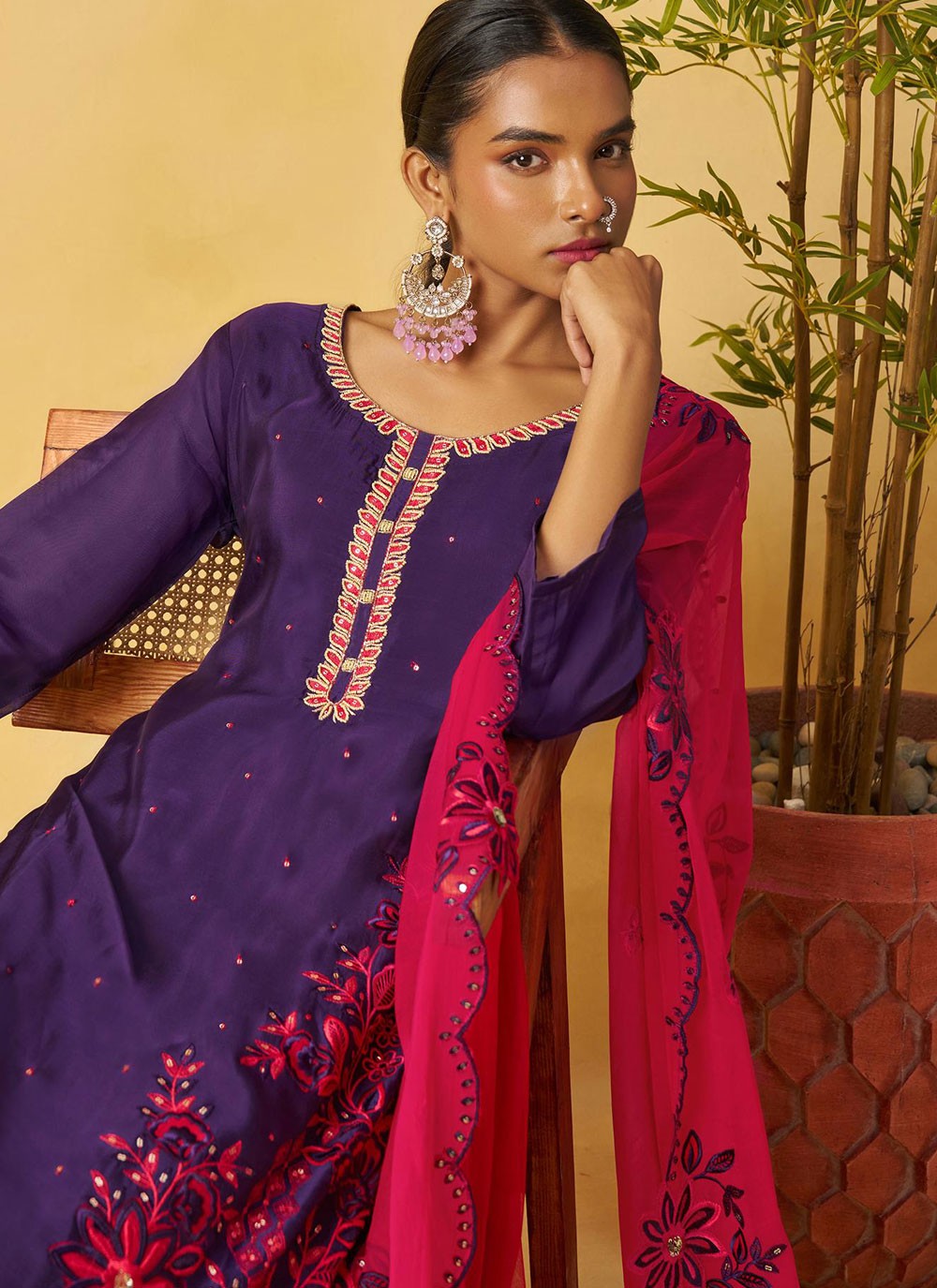 Palazzo Suit Embroidered Purple T8893